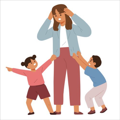 stress frustrated mother with son and daughter