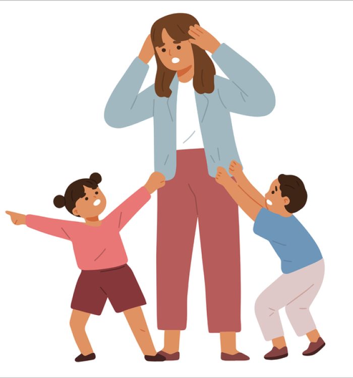 stress frustrated mother with son and daughter