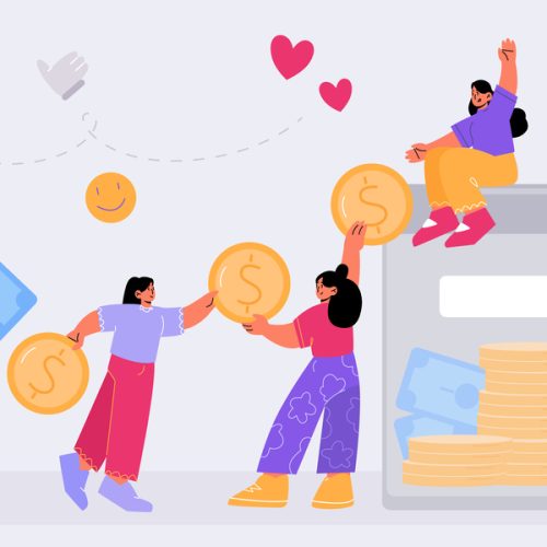 Crowdfunding, donation concept. Tiny people collect coins to huge box. Investor characters collecting money for startup business idea, charity, fundraising, deposit. Line art flat vector illustration