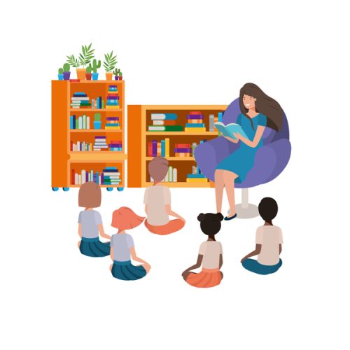 woman with reading book in the sofa and children s vector illustration design