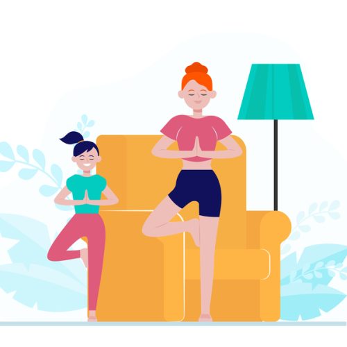 Mother and daughter practicing yoga at home. Woman and girl standing in tree pose flat vector illustration. Meditation, family activity concept for banner, website design or landing web page