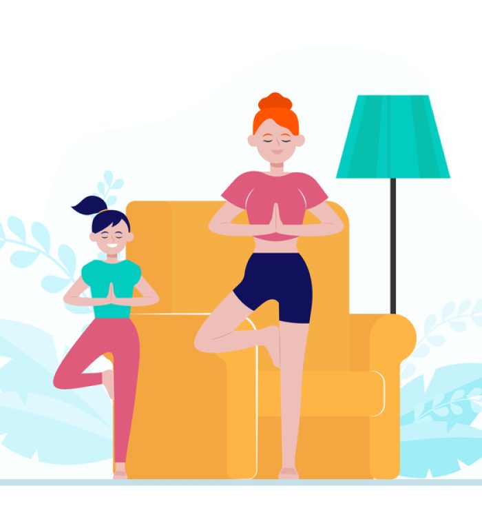 Mother and daughter practicing yoga at home. Woman and girl standing in tree pose flat vector illustration. Meditation, family activity concept for banner, website design or landing web page
