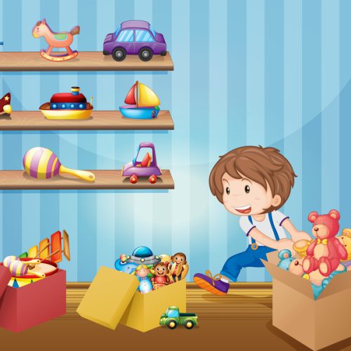 Little boy and many toys illustration