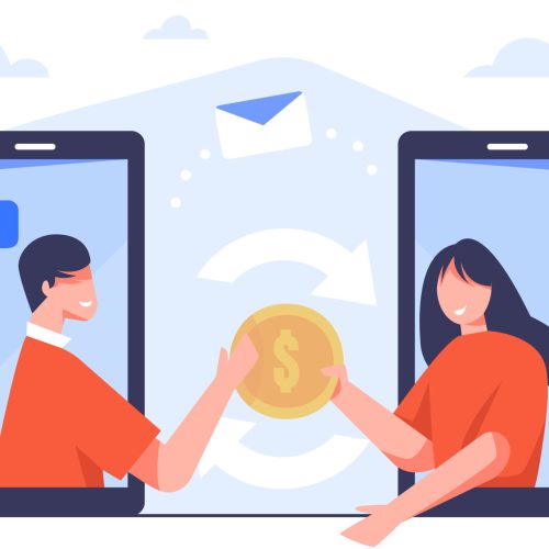 Pay by smart phone. Wallet transaction sending digital money. Money transferring digitally from one mobile phone to another. Vector flat illustration